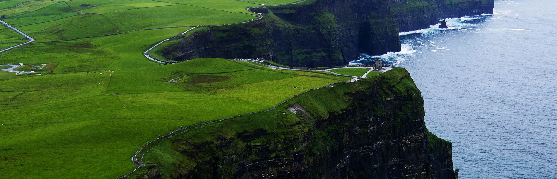 Green fields above sea cliffs on the Irish coast
