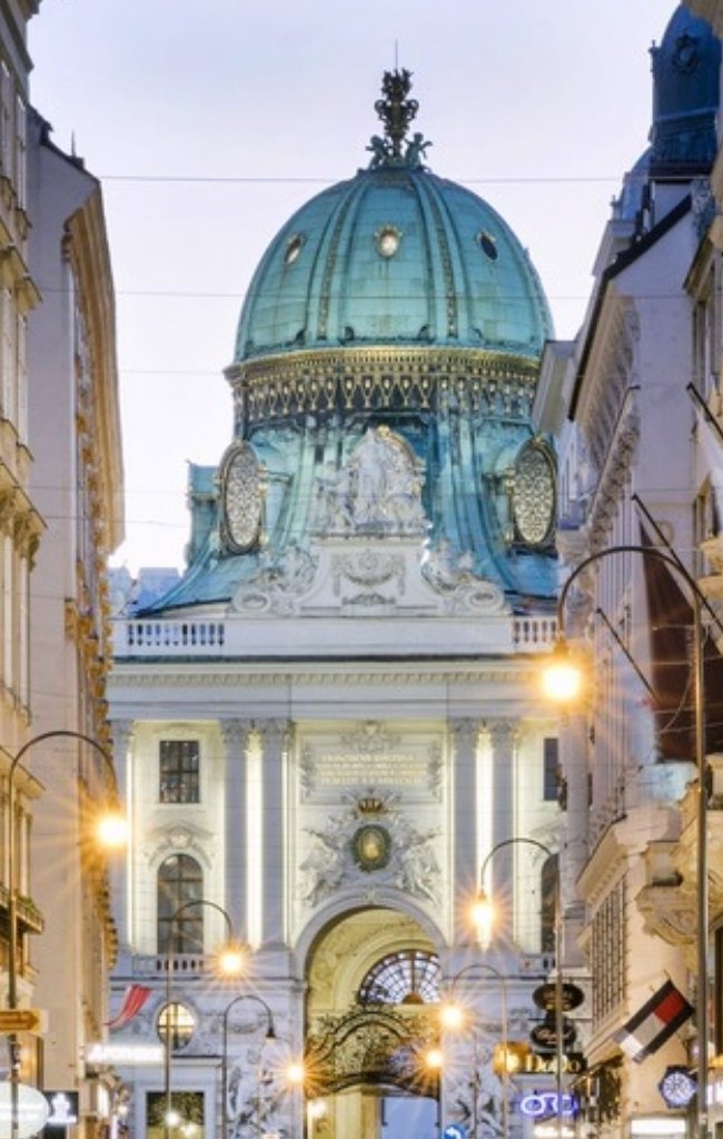 Evening on Kohlmarkt looking toward the dome of the Hofburg in Vienna