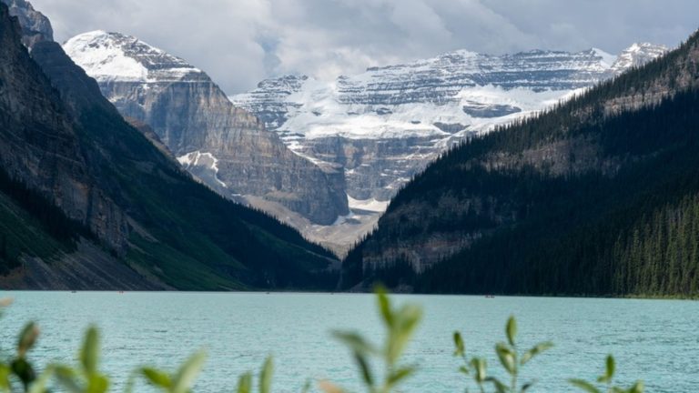 Turquoise Lake Louise below glaciers and peaks in Banff National Park
