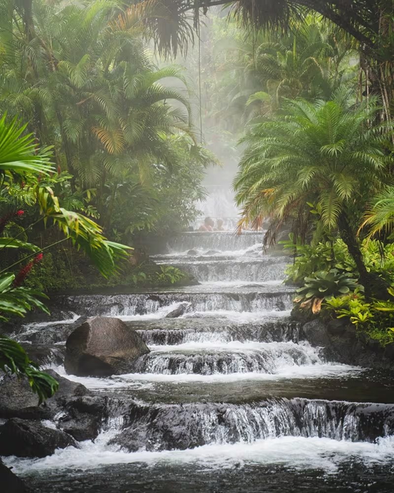 Cascading hot springs in a Costa Rican rainforest