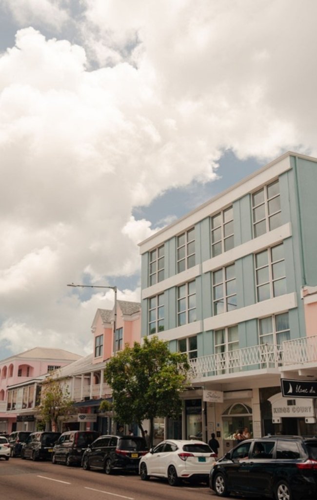 Pastel buildings on a street in the City of Hamilton