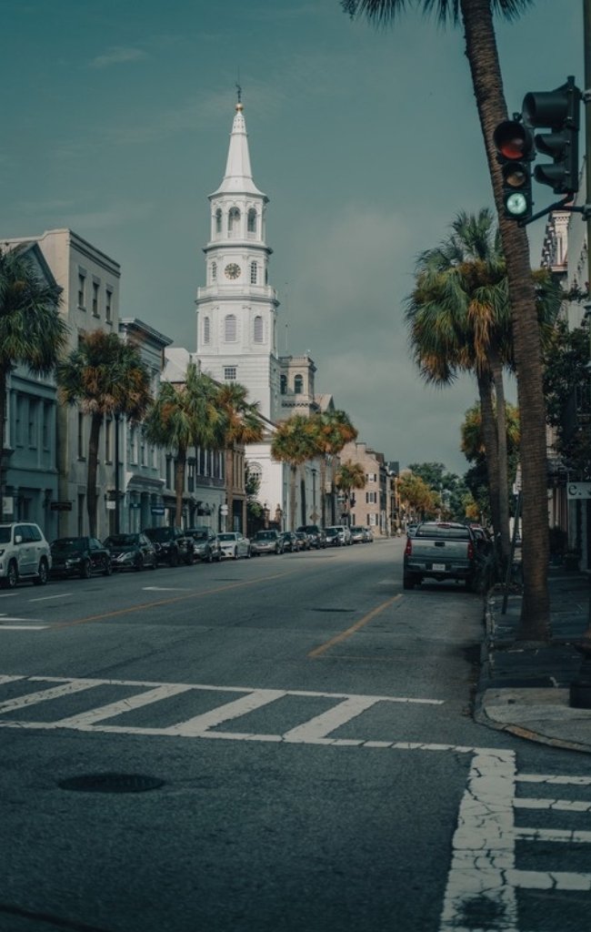 The white steeple of St. Michael's Church above Broad Street