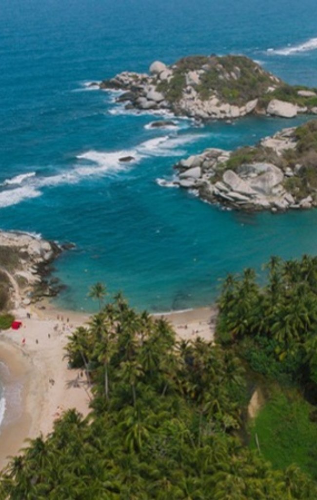An aerial view of the coves and jungle of Tayrona National Park