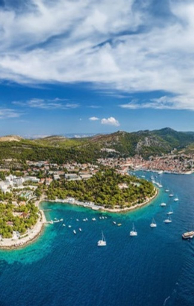 Sailboats anchored off Hvar town on the Adriatic