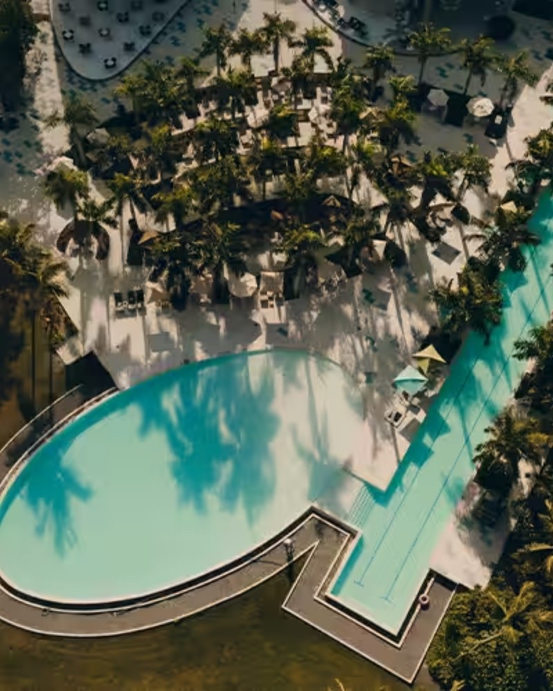 Aerial view of a curved pool among palm trees at Club Med Michès