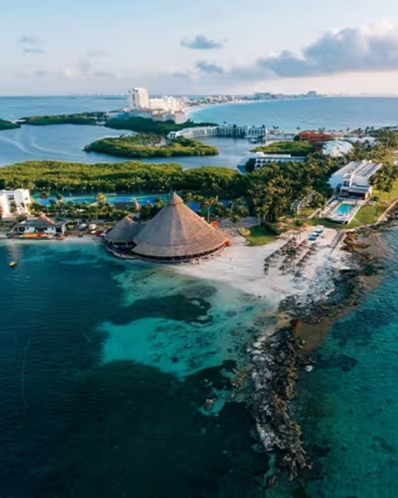 Aerial view of Club Med Cancún on its peninsula