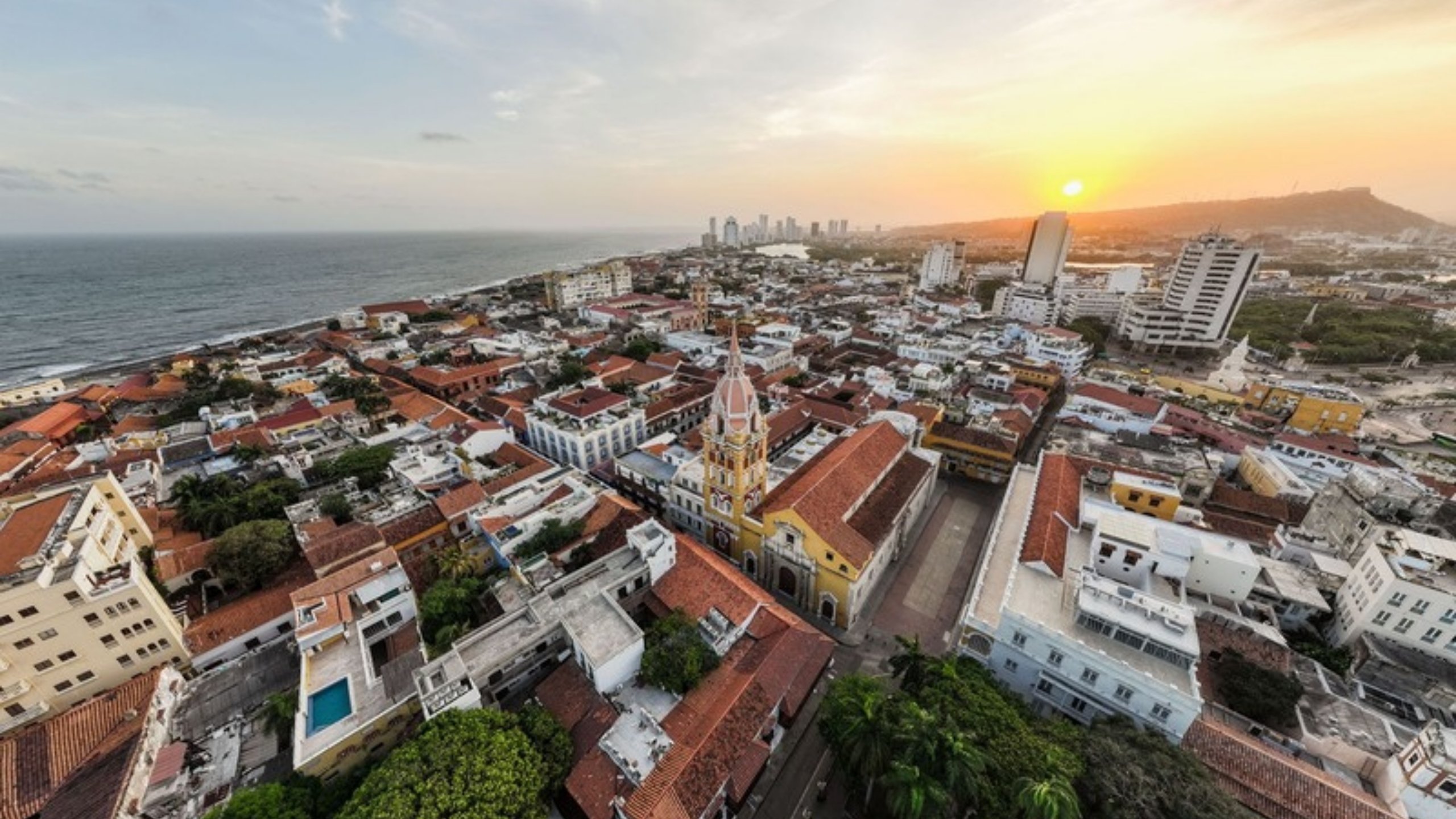 The walled old city of Cartagena at sunset beside the Caribbean