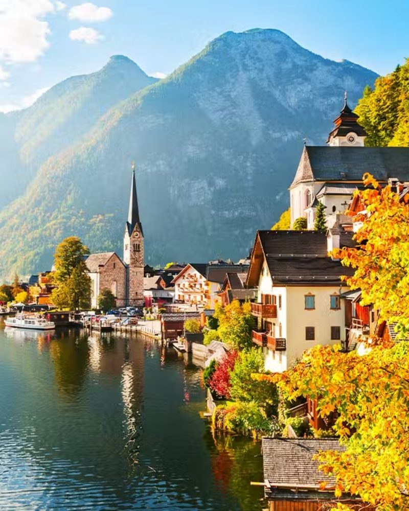 The lakeside village of Hallstatt, Austria, in autumn