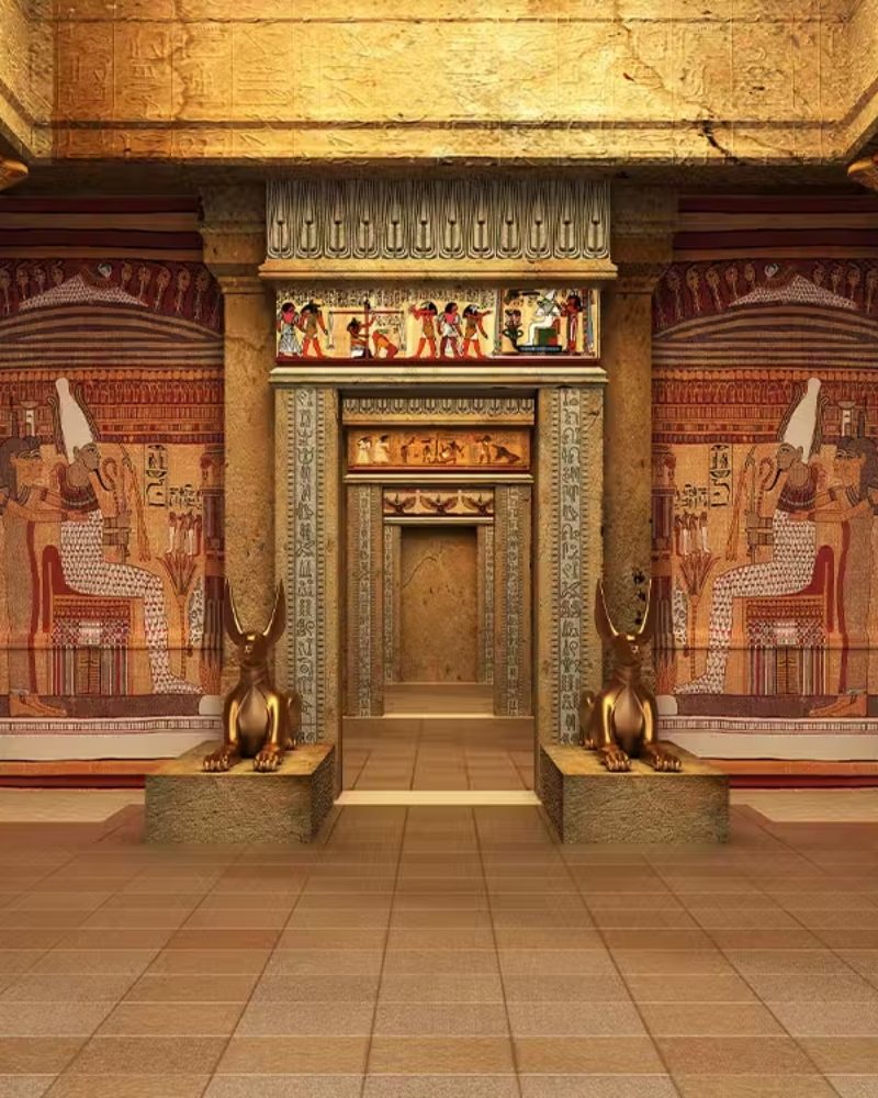 Painted columns and statues inside an Egyptian temple