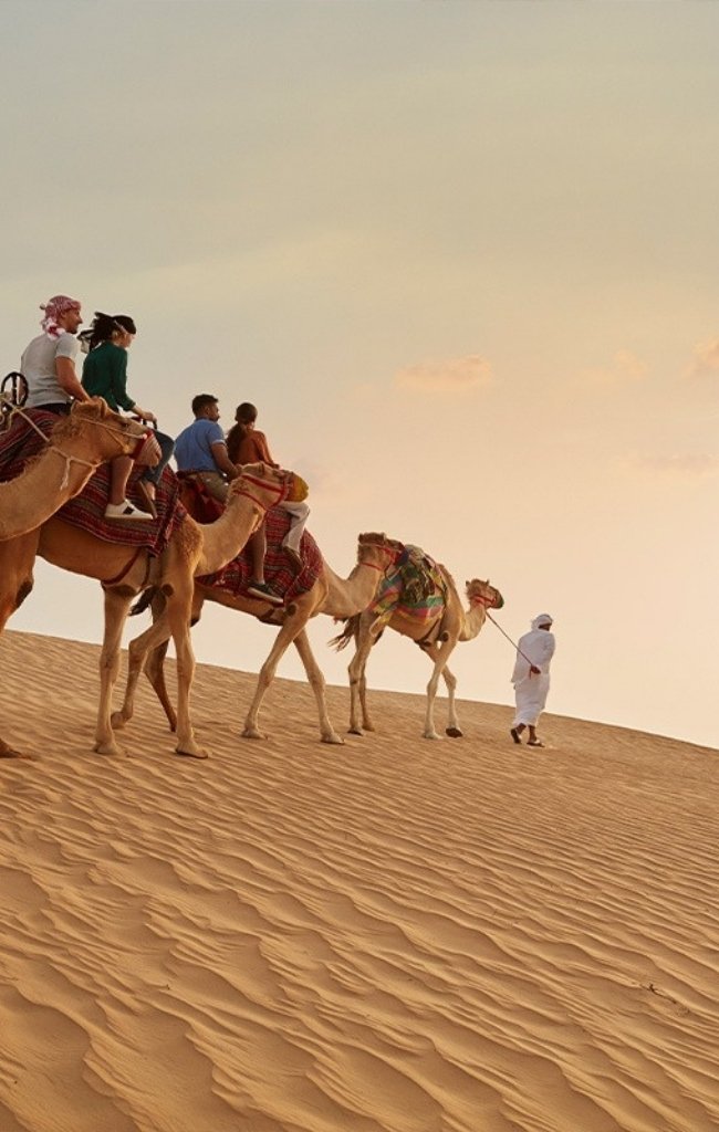 A camel caravan crossing desert dunes at sunset