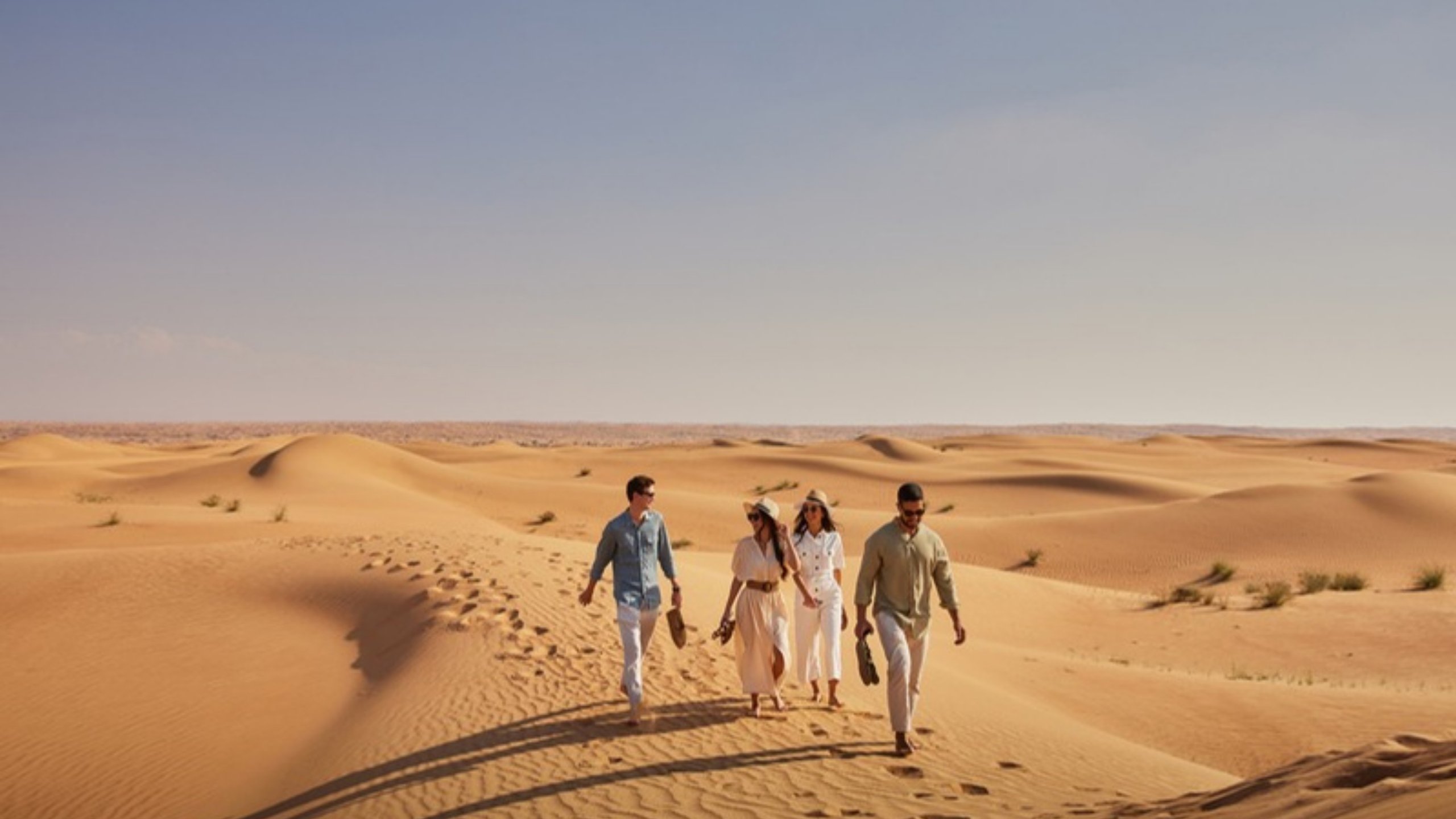 Travelers walking across golden dunes in the Arabian Desert