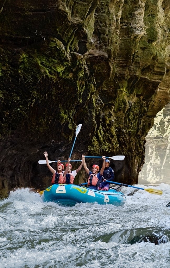 Rafters paddling through a green river gorge