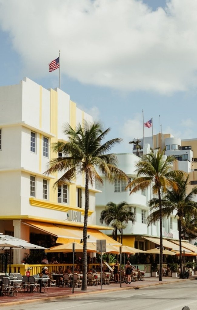 Art Deco hotels and palm trees on Ocean Drive in Miami Beach
