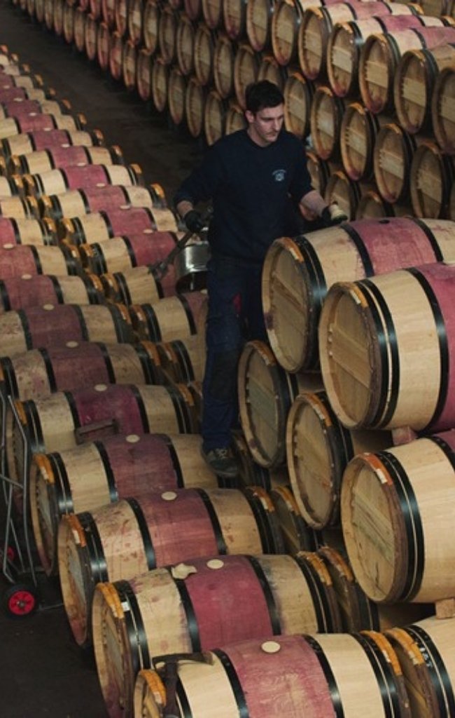 Oak barrels in a wine cellar in Margaux
