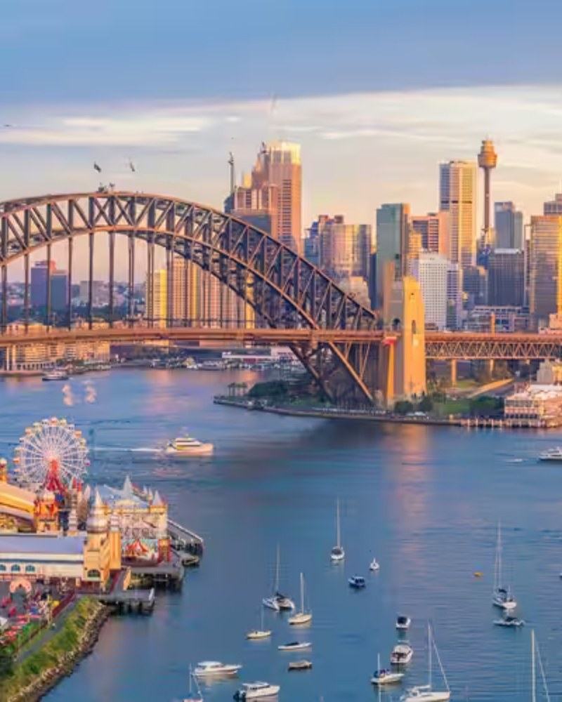 Sydney Harbour Bridge and skyline at sunset