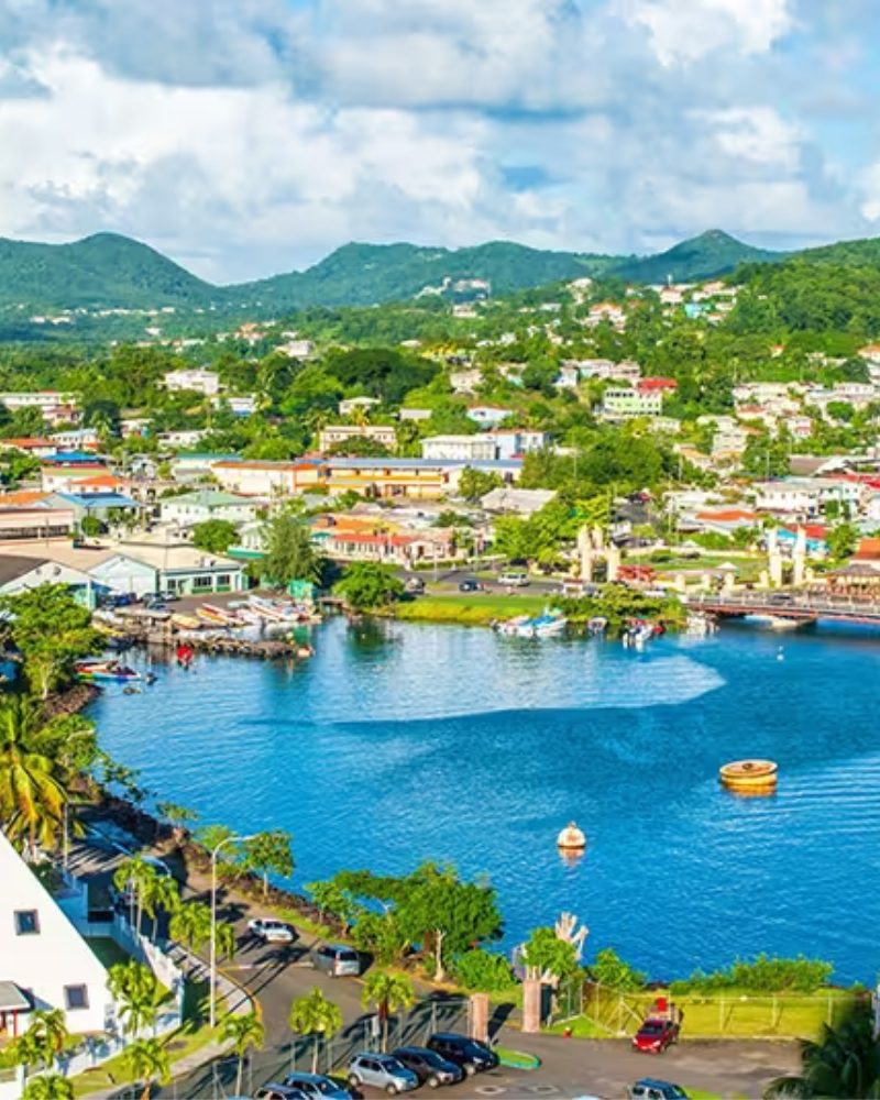 A harbor town on a green Caribbean island