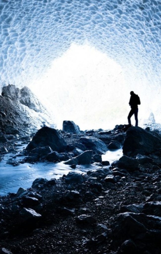 Blue glacial ice inside an ice cave