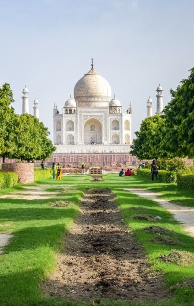 The Taj Mahal seen across the gardens in Agra