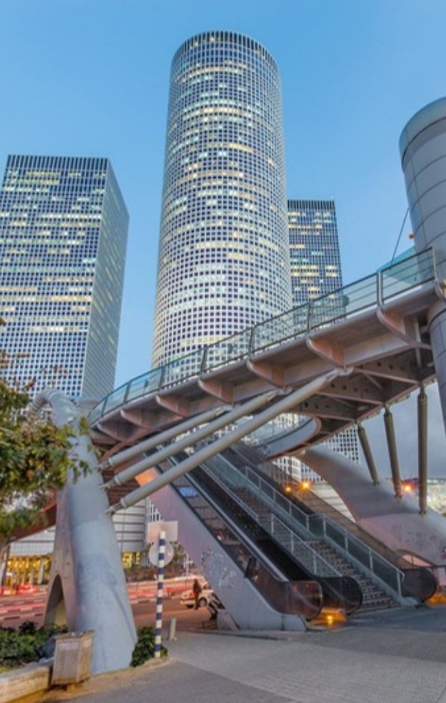 Modern towers and a pedestrian bridge in Tel Aviv at dusk