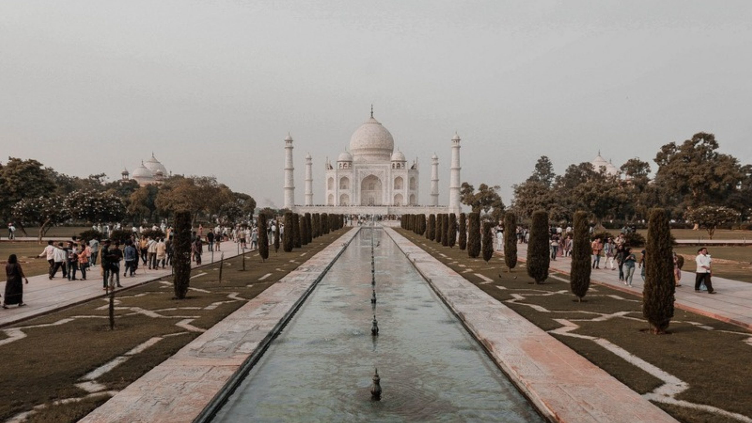The Taj Mahal above its gardens and reflecting pool in Agra