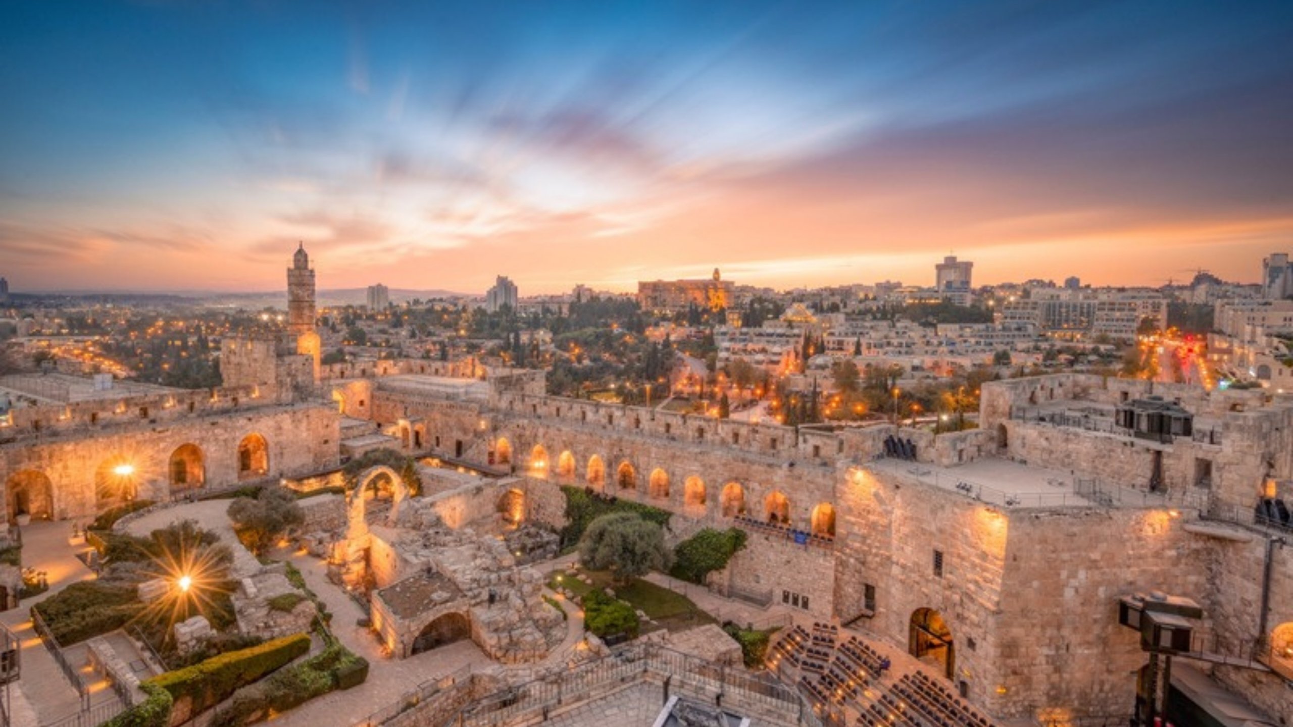 The Tower of David and the Old City of Jerusalem at dusk