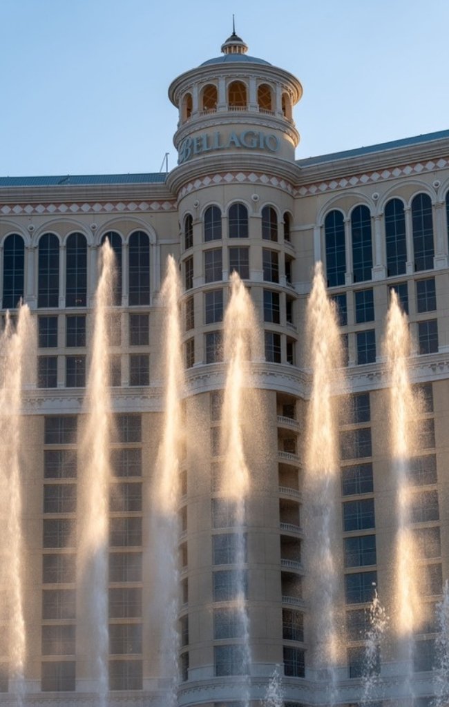 Fountain jets rising in front of the Bellagio