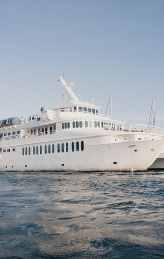 A white yacht cruising along the coast