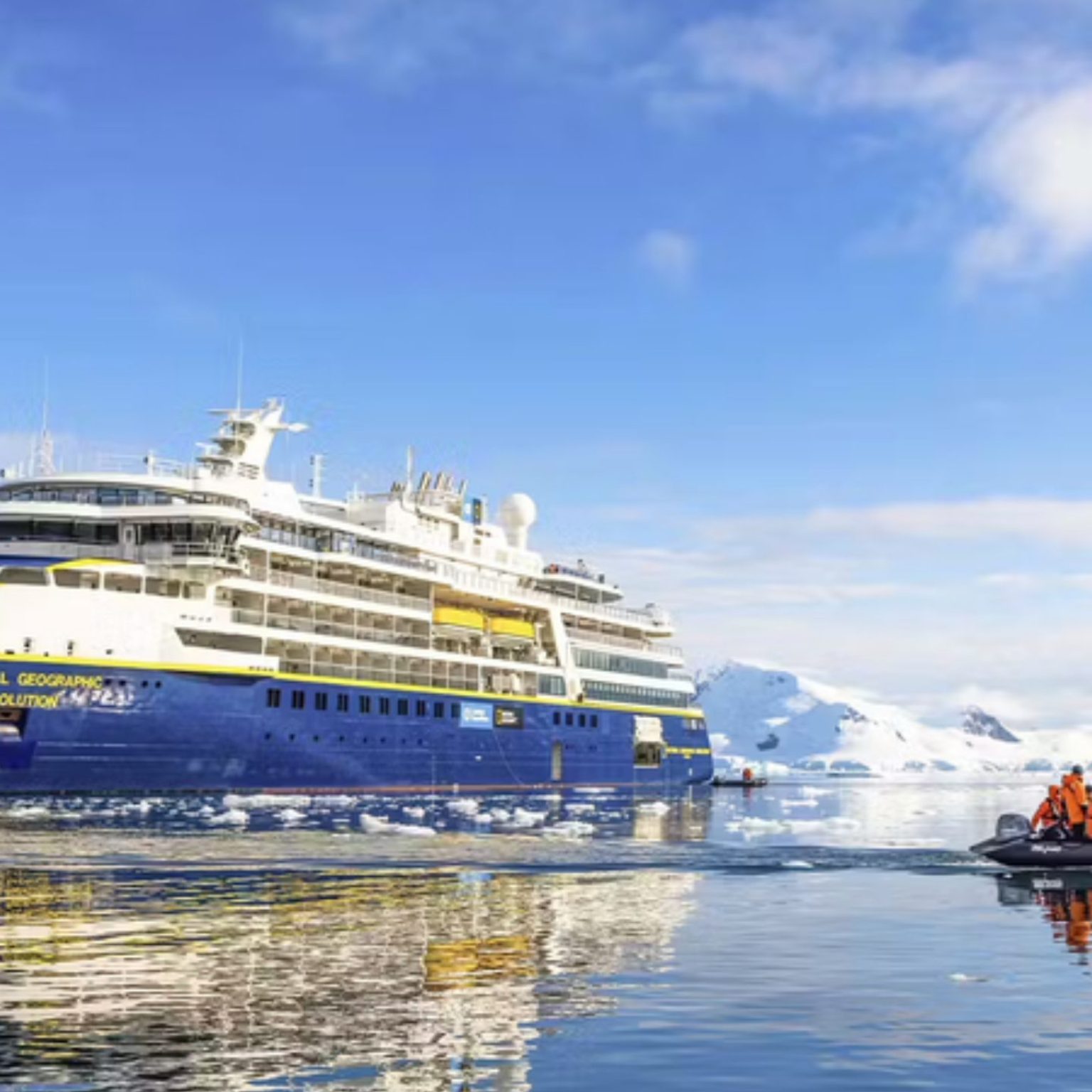 A National Geographic expedition ship and a Zodiac among the ice in Antarctica