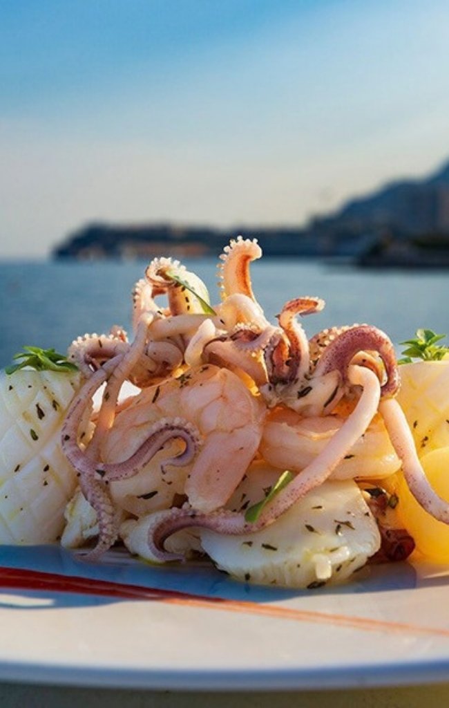 A seafood salad served by the sea with the coast beyond