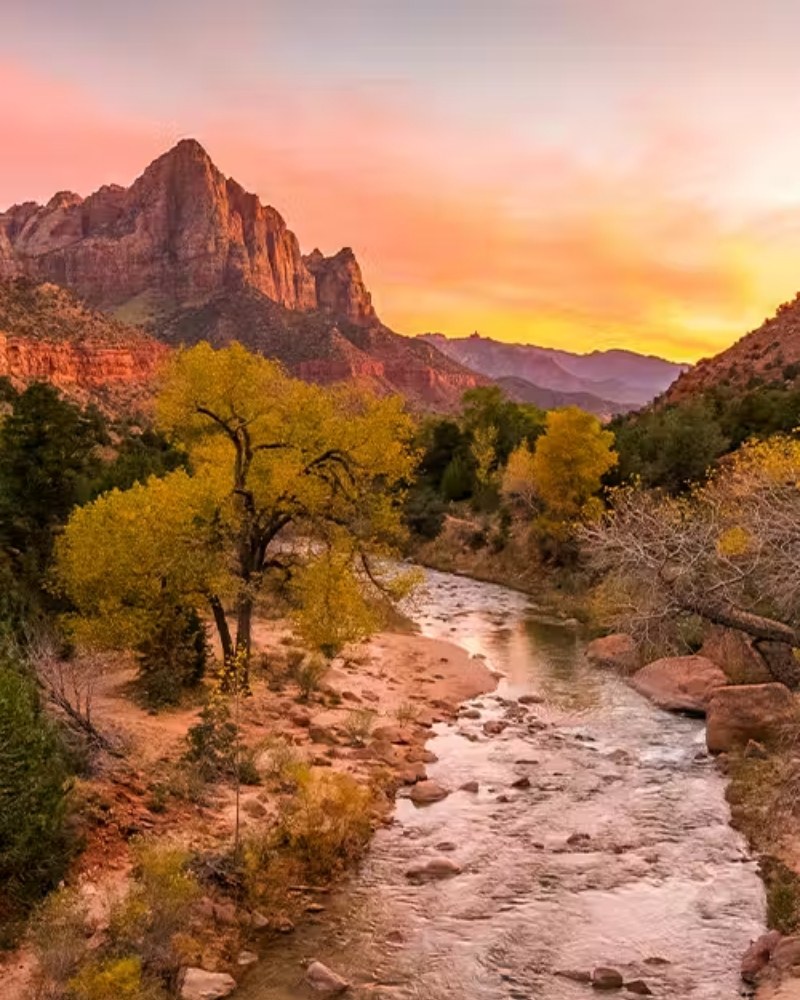 The Watchman above the Virgin River in Zion National Park at sunset