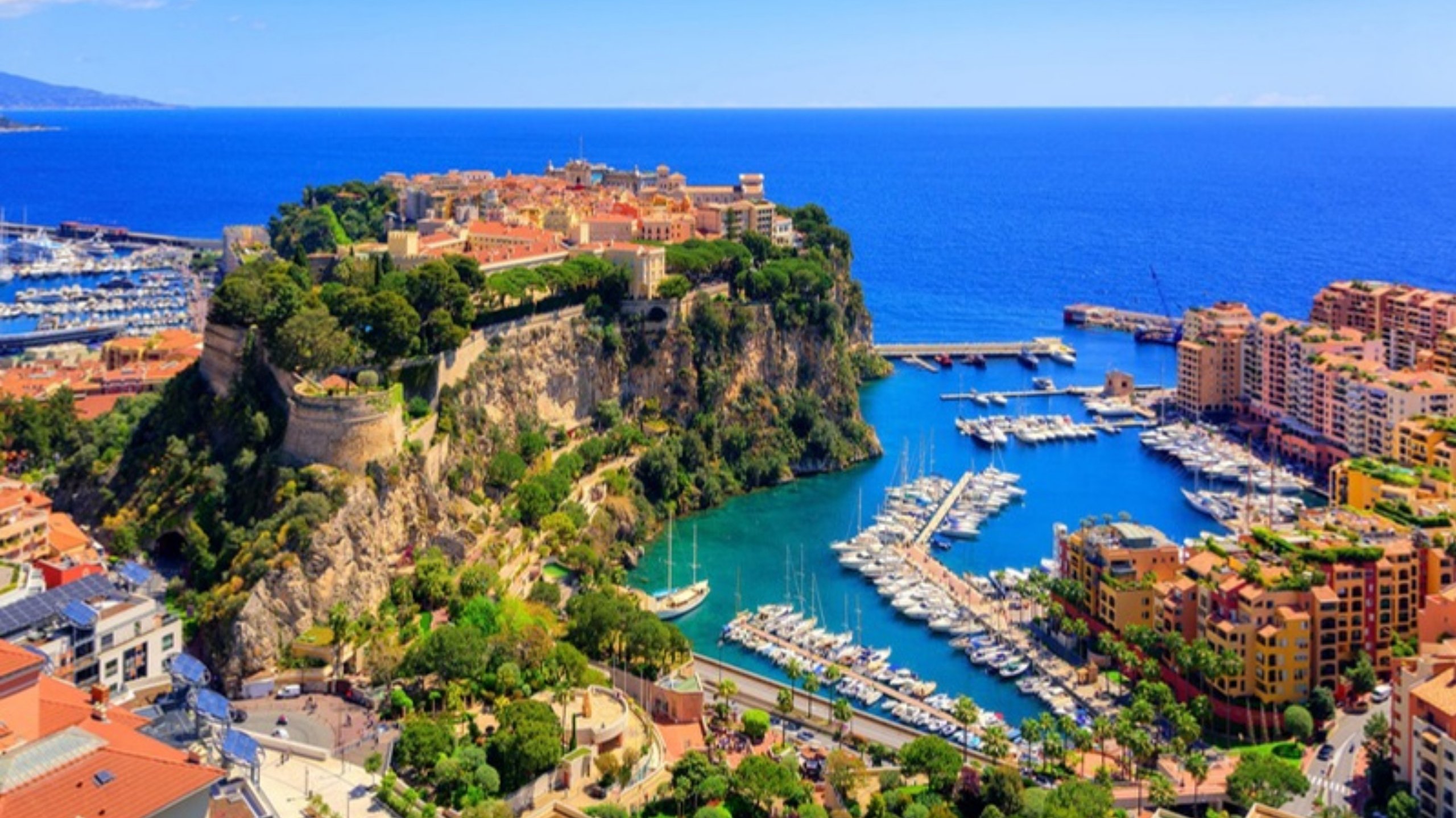 The Rock of Monaco and the Fontvieille harbor on the Mediterranean