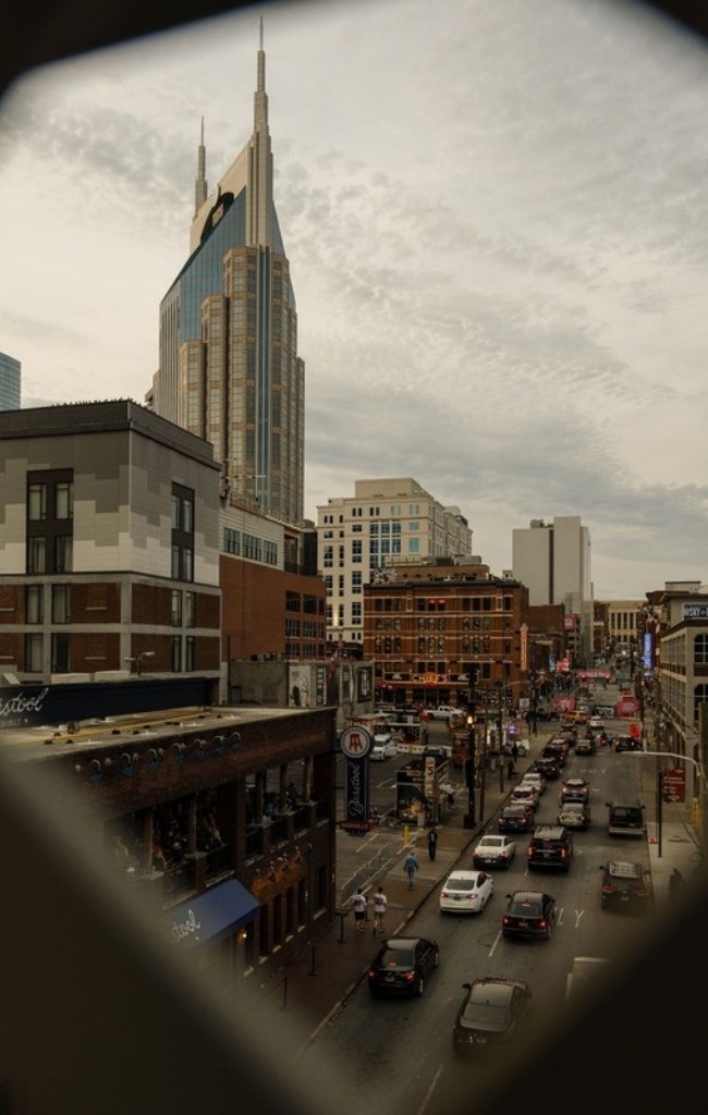 A downtown Nashville street below the AT&T Building