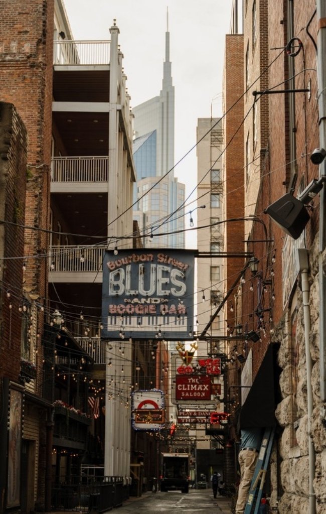 Blues club signs hanging over the brick walls of Printers Alley