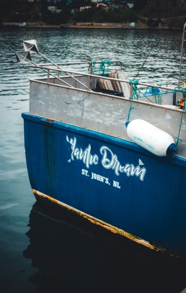 A blue fishing boat moored in St. John's harbour