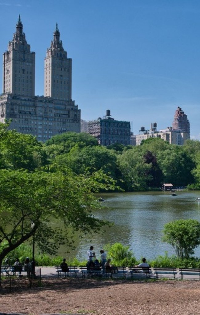 The twin towers of the San Remo above the lake in Central Park