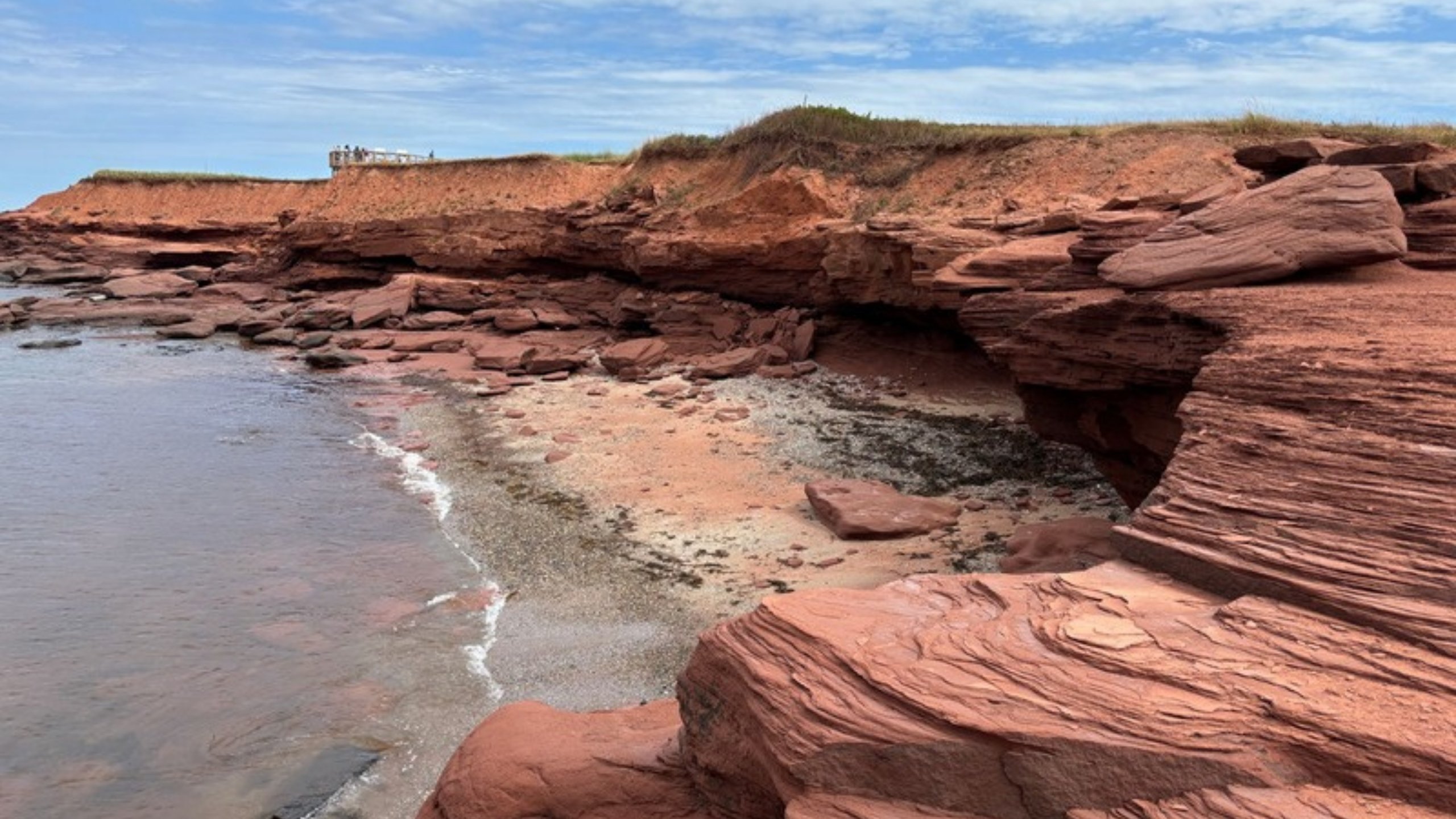 Red sandstone cliffs along the shore at Cavendish