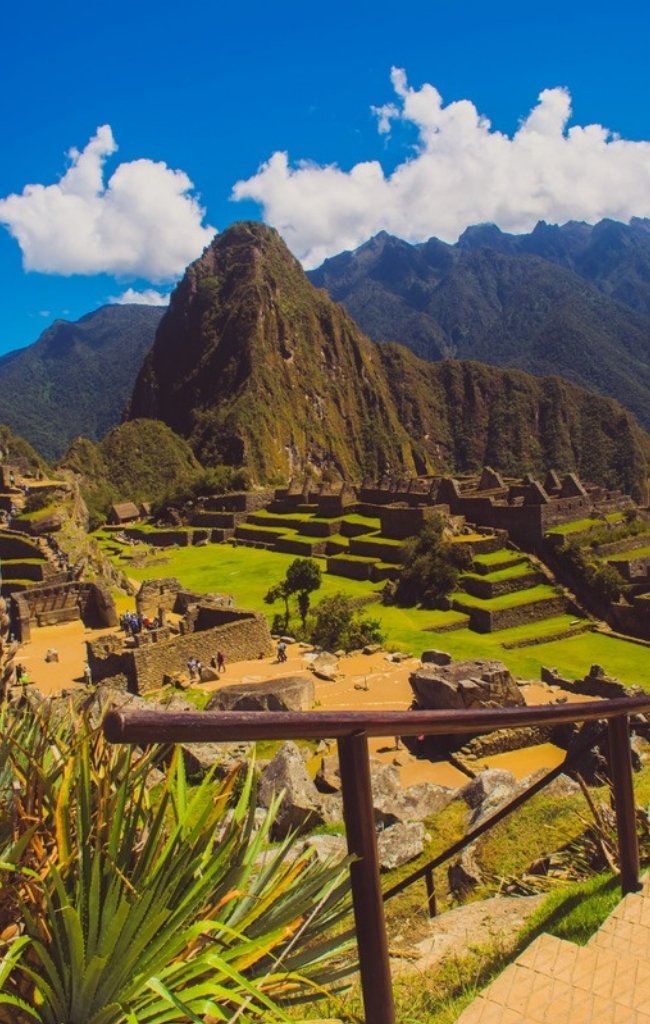 Green Inca terraces under a blue sky near Cusco