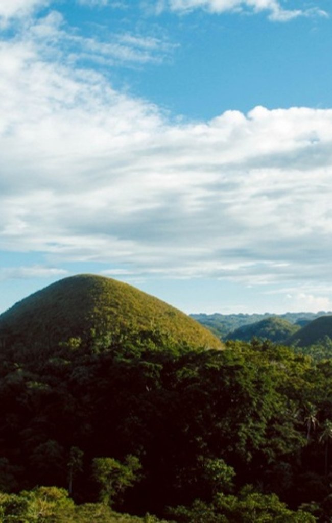 The Chocolate Hills of Bohol under a blue sky