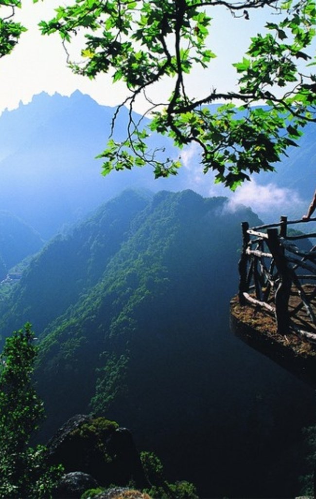 A cliffside viewpoint over the green mountains of Madeira