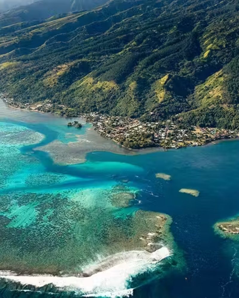 Aerial view of the Tahiti coastline and its lagoon