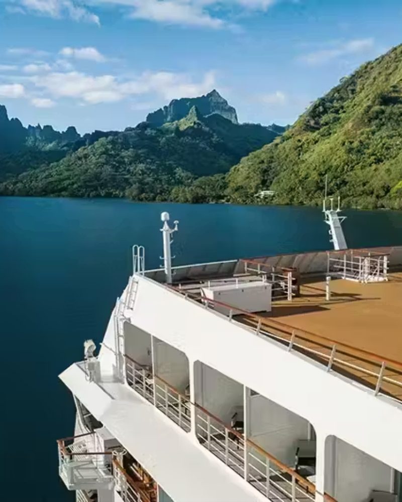 The deck of the Paul Gauguin overlooking a bay on Mo’orea