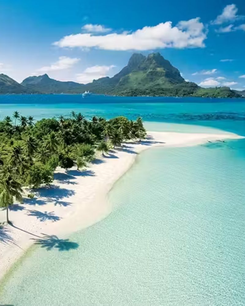 A palm-lined white sand beach with Mount Otemanu on Bora Bora