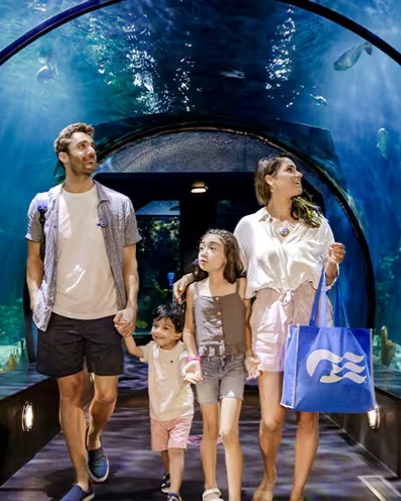 A family walking through an aquarium tunnel