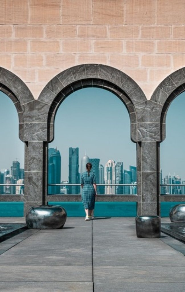 The Doha skyline seen through the arches of the Museum of Islamic Art