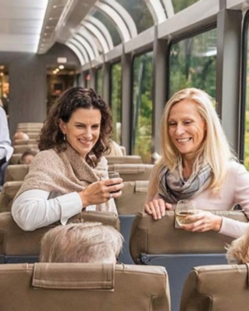 Guests at their seats in a train coach with large windows