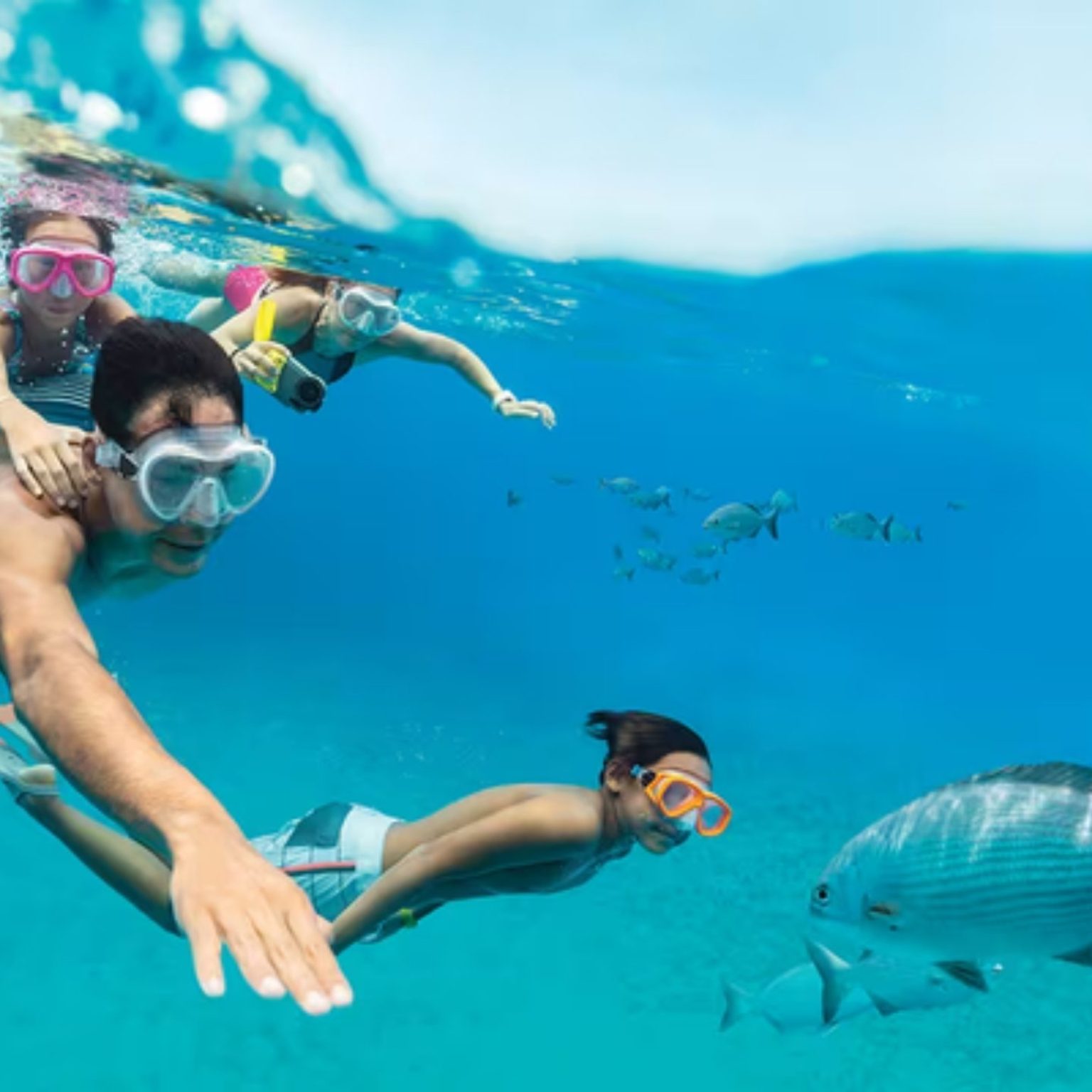 A family snorkeling among fish in clear blue water