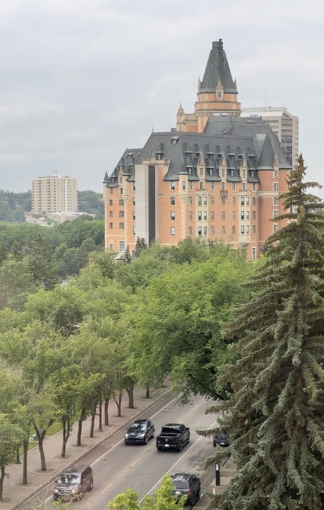 The historic Bessborough Hotel above the river in Saskatoon