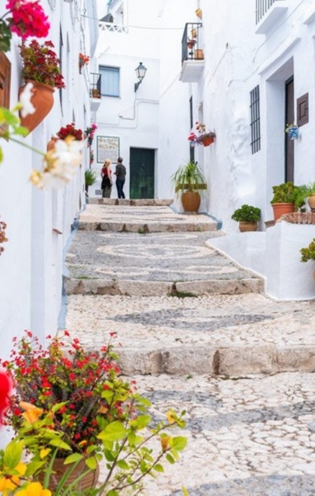 A whitewashed lane lined with flowerpots in Frigiliana, Andalusia