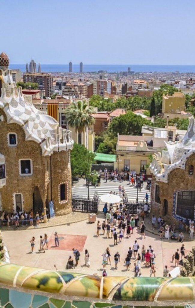 Gaudí's mosaic pavilions in Park Güell overlooking Barcelona