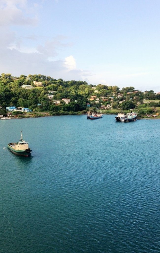 Boats anchored in a green, sheltered bay